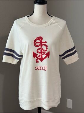 Alternative Cream Short Sleeve Red Anchor Print Fisherman Coastal Preppy Sweater